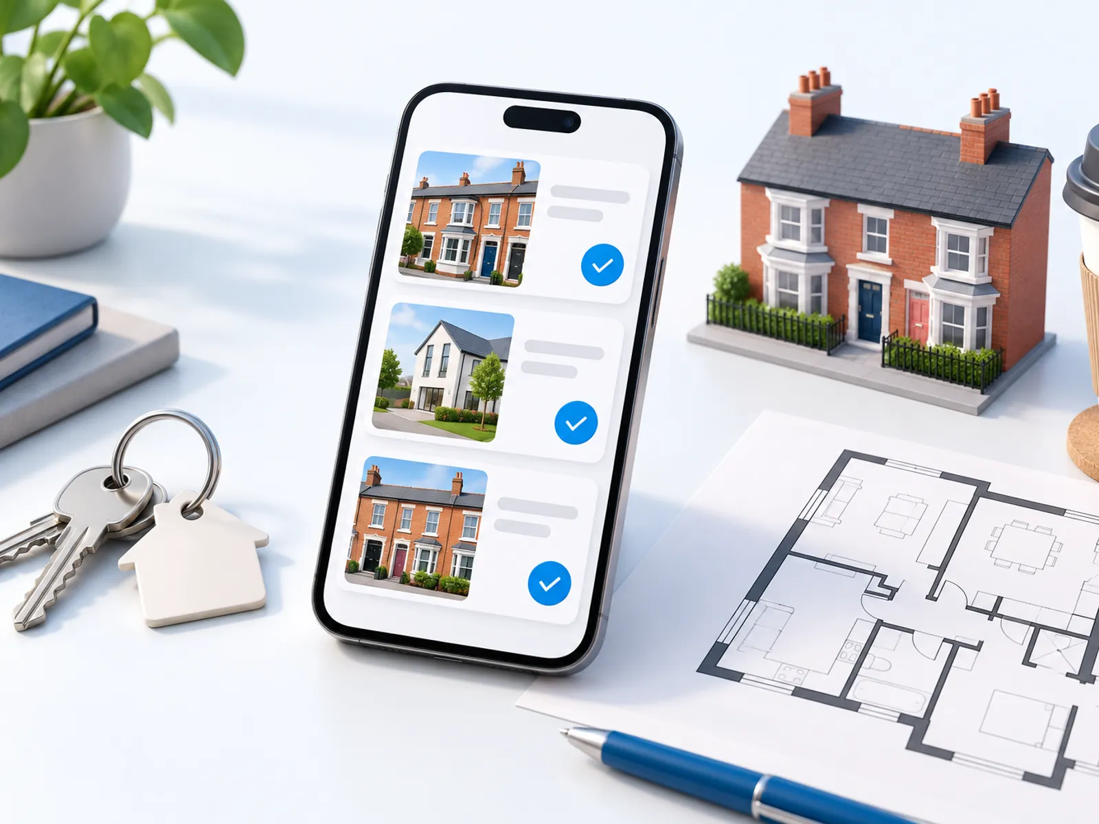 An estate agent's desk: a phone showing post cards with house pictures waiting for approval, beside house keys, a model house and a printed floor plan