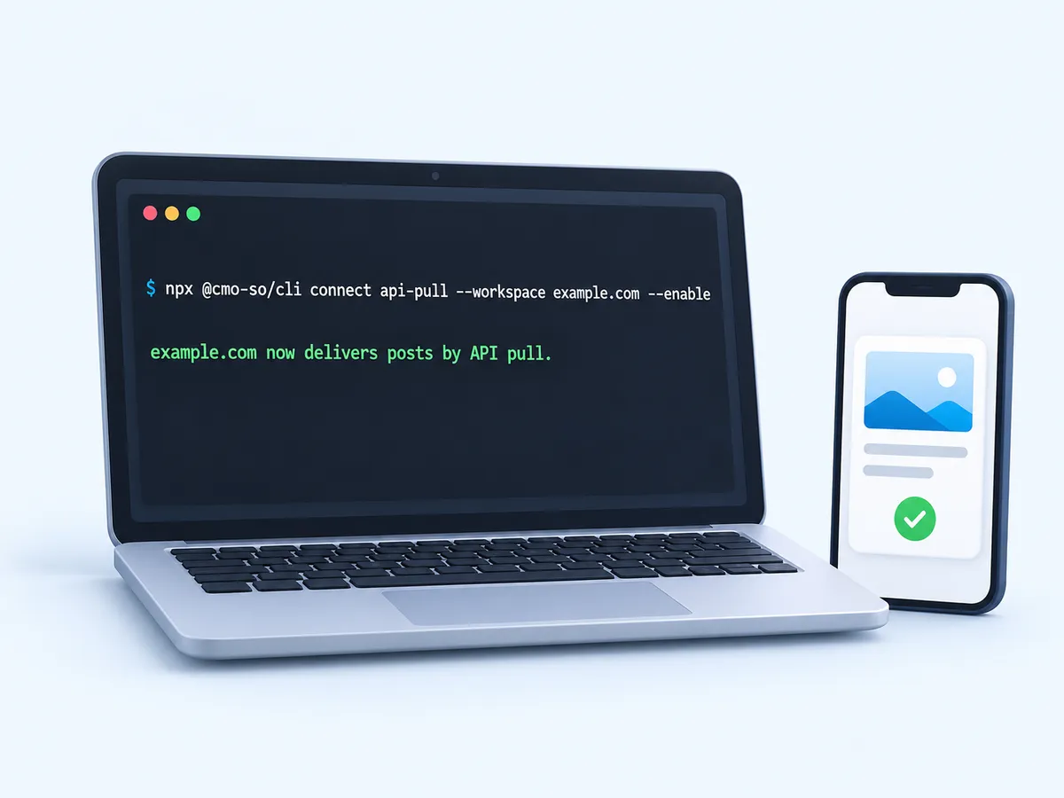 A terminal confirming example.com now delivers posts by API pull