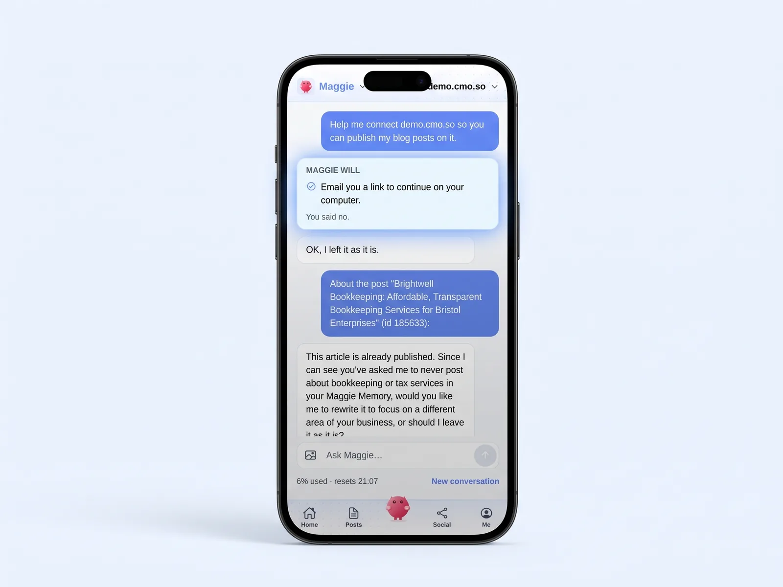 A Maggie will card in the cmo.so app showing the change before it happens