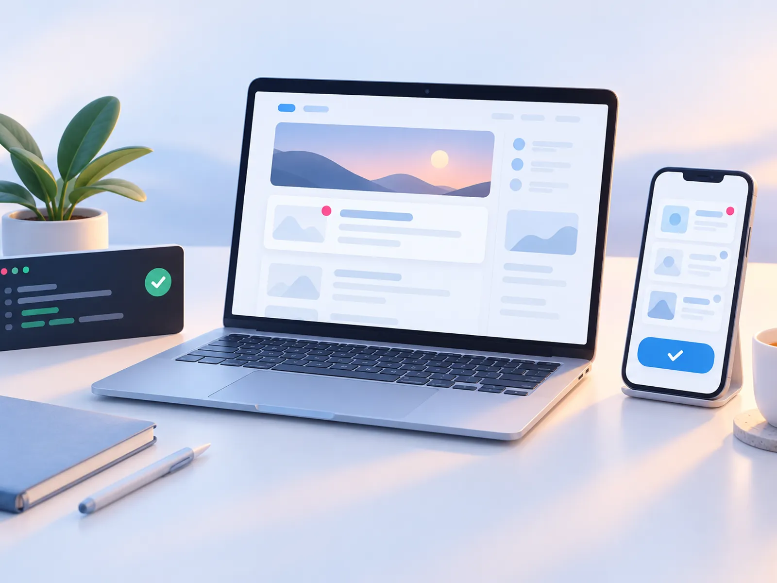 A laptop with a new blog article beside a phone with articles waiting for approval