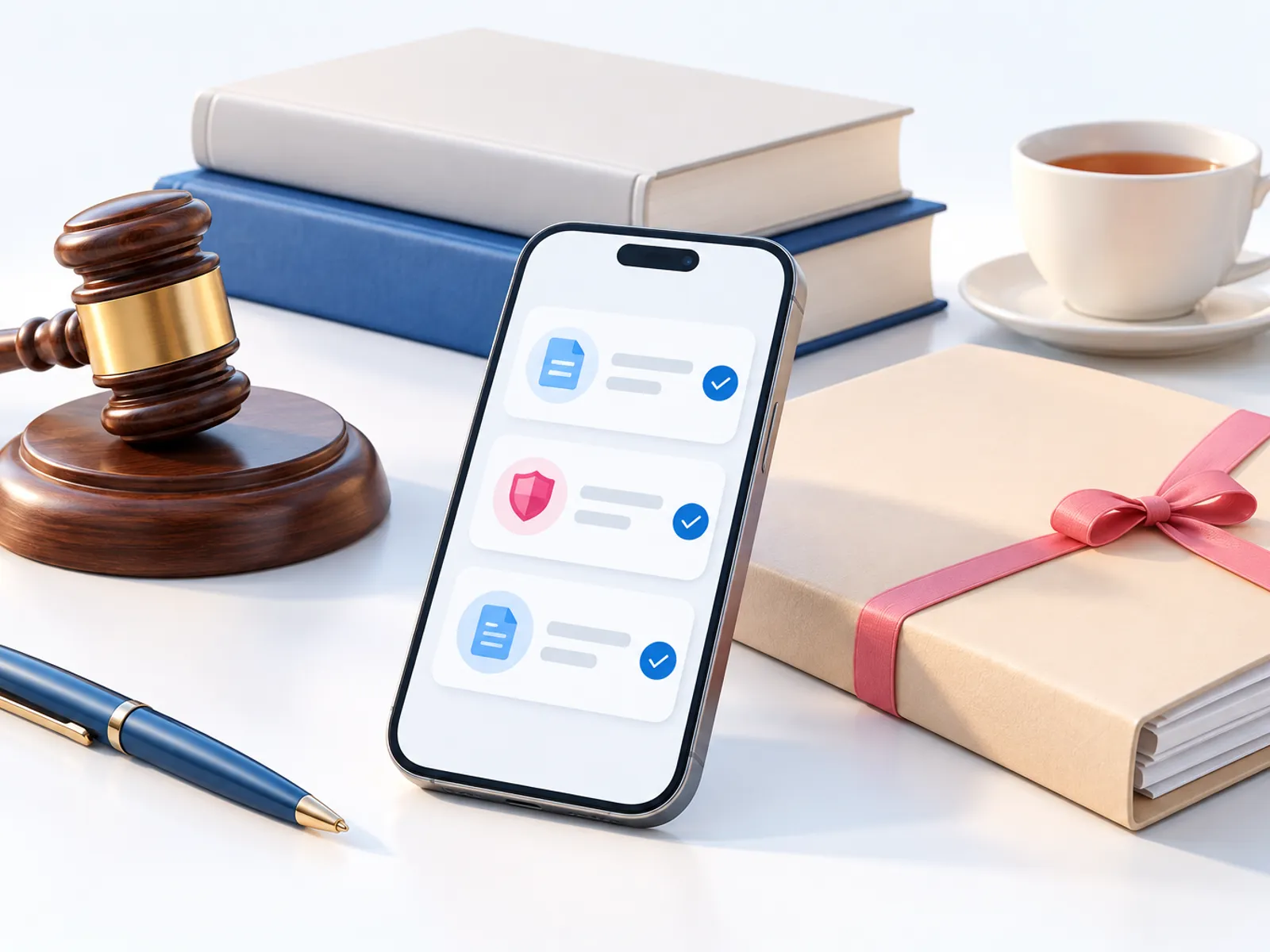 A solicitor's desk: a phone showing answer cards waiting for approval beside a gavel, law books and a ribboned case folder