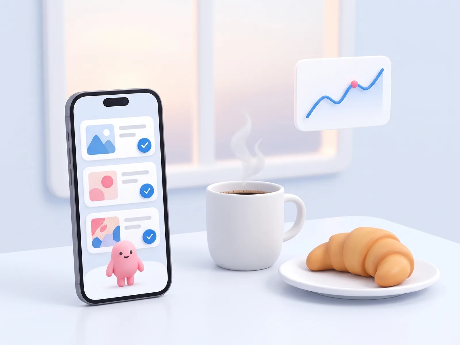 A phone with three posts approved beside a cup of coffee and a croissant on a morning table