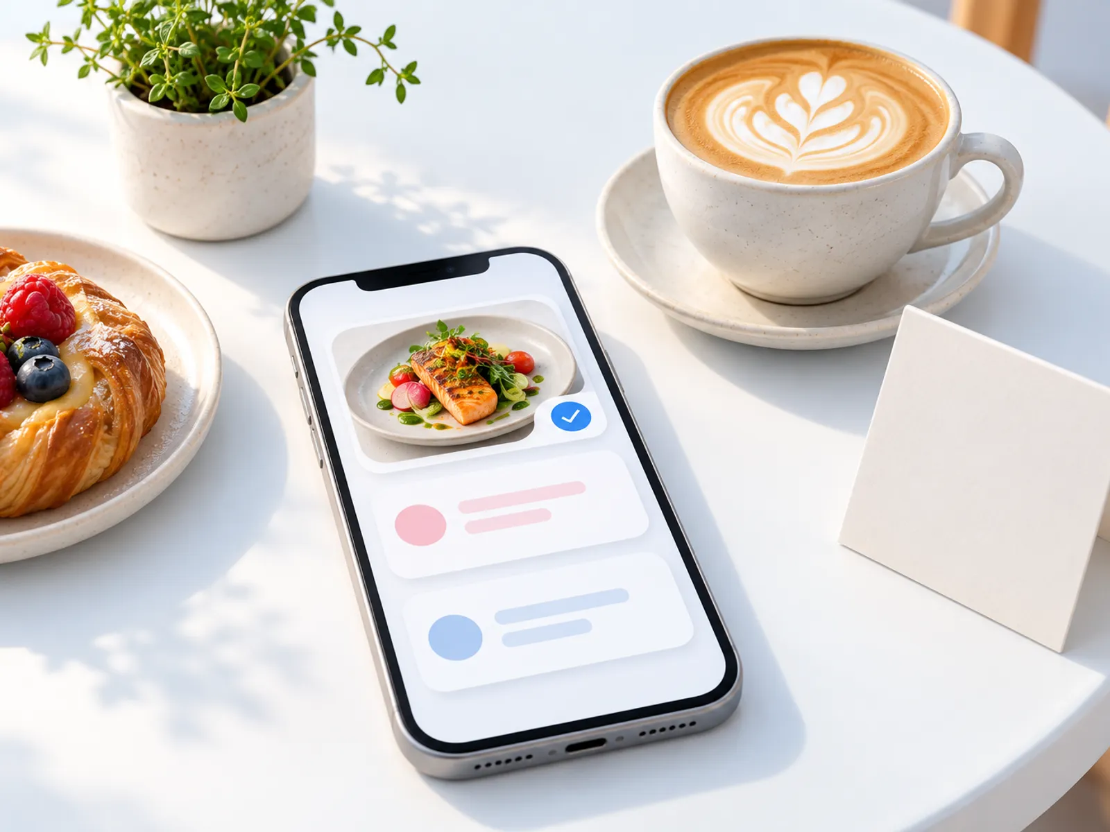 A café table: a phone showing post cards with food pictures waiting for approval beside a flat white, a pastry and a blank menu card