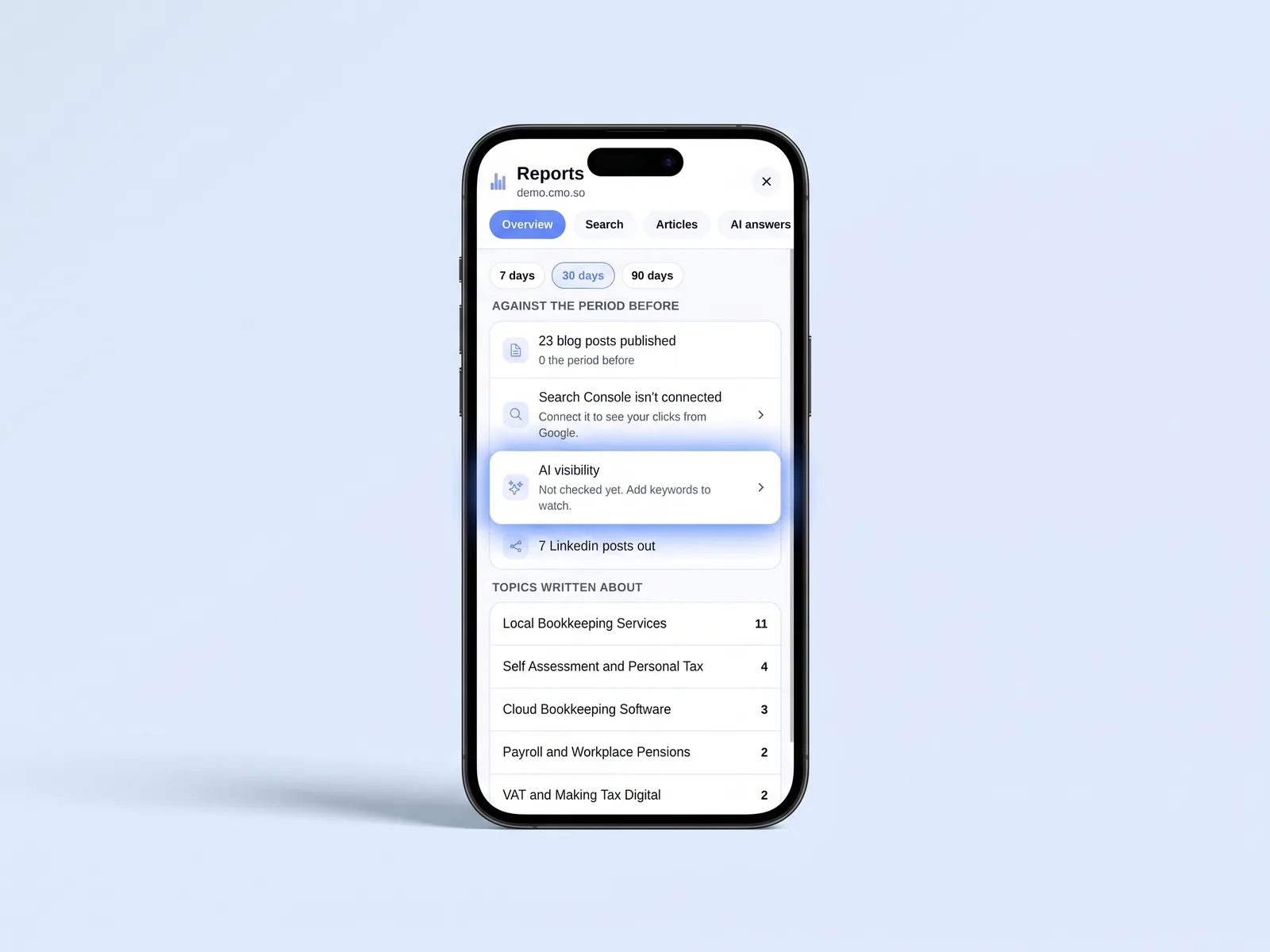 Reports in the cmo.so app on an iPhone with the AI visibility row highlighted