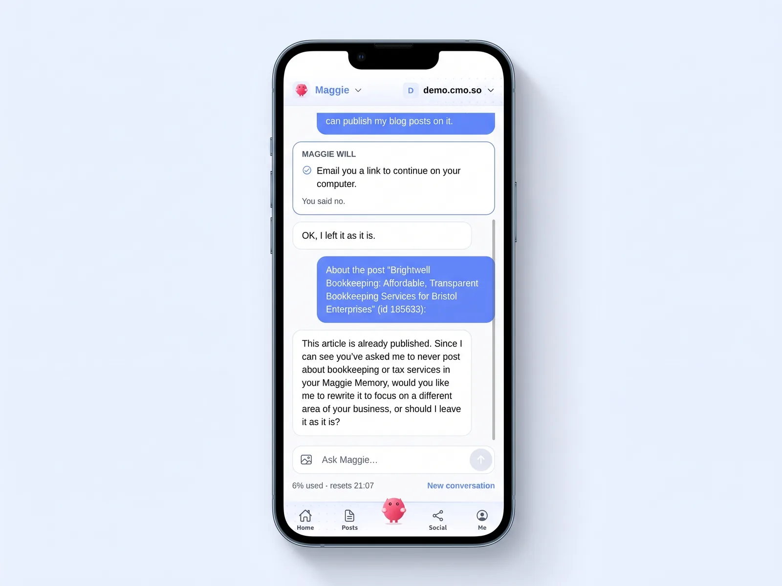 A conversation with Maggie in the cmo.so app on an iPhone, with the change she proposed and the answer