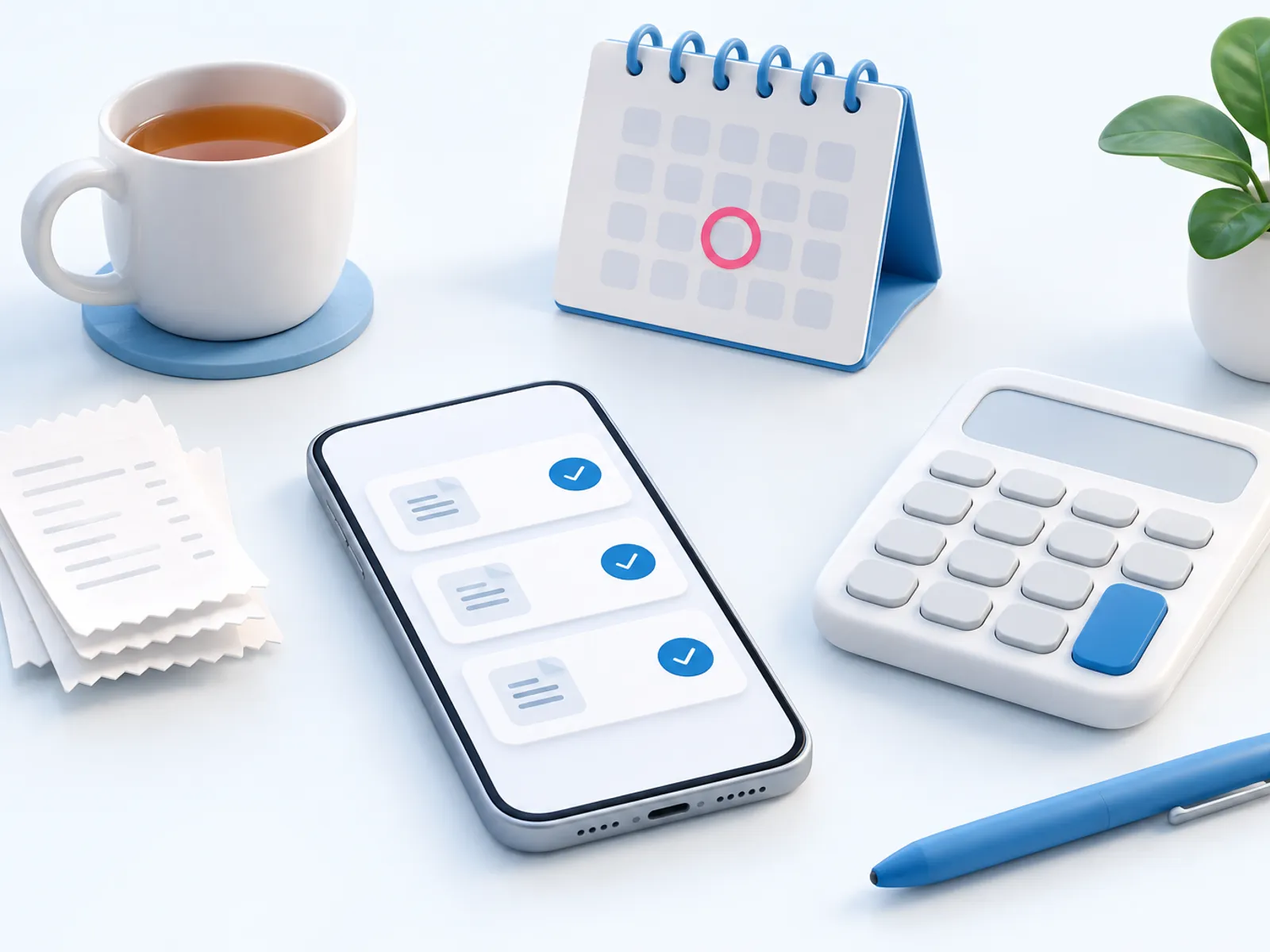 A bookkeeper's desk: a phone showing post cards waiting for approval beside a calculator, receipts and a desk calendar