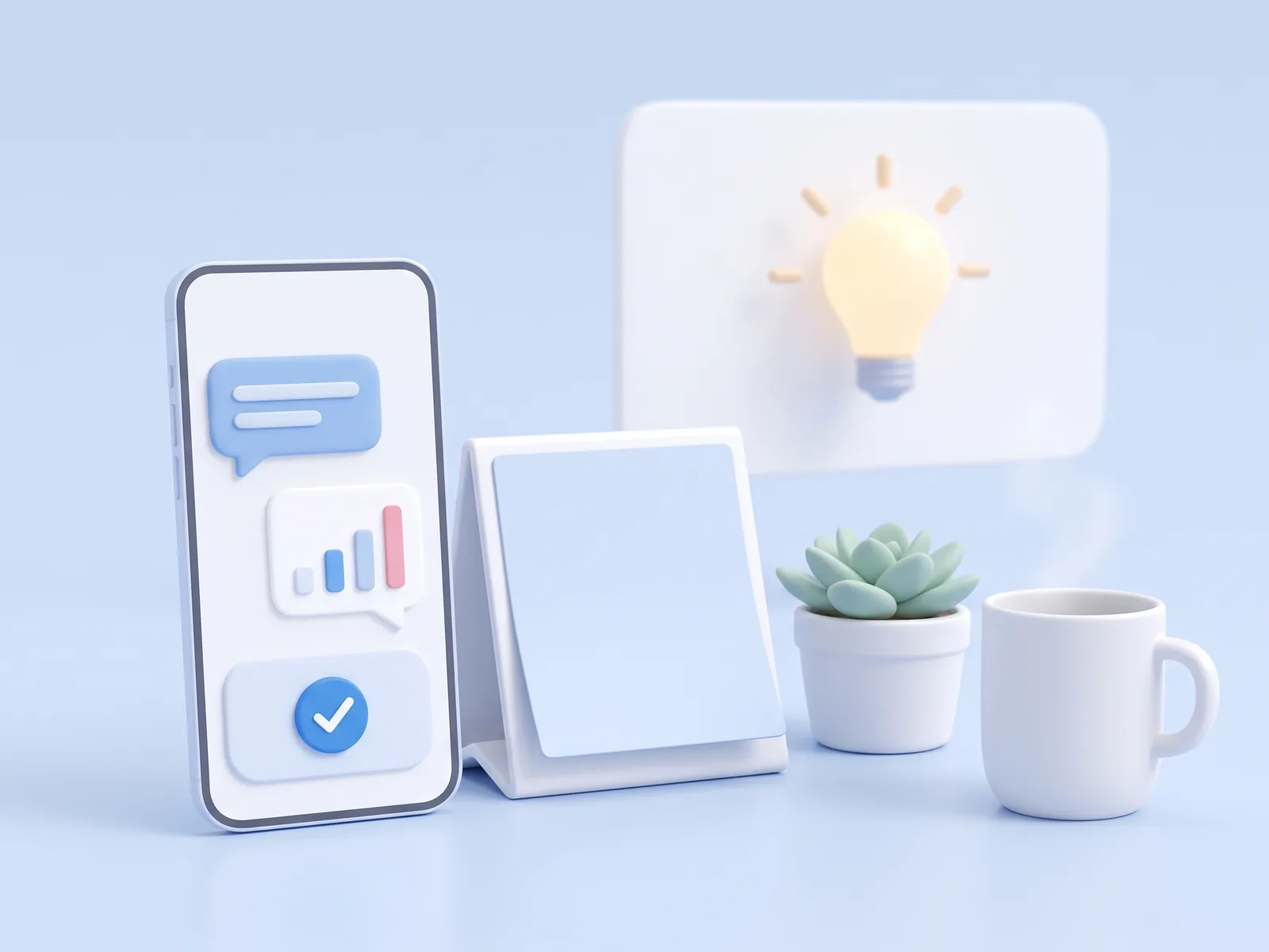 A phone with a chat, a chart reply and an approve button beside a desk calendar, a plant and a mug