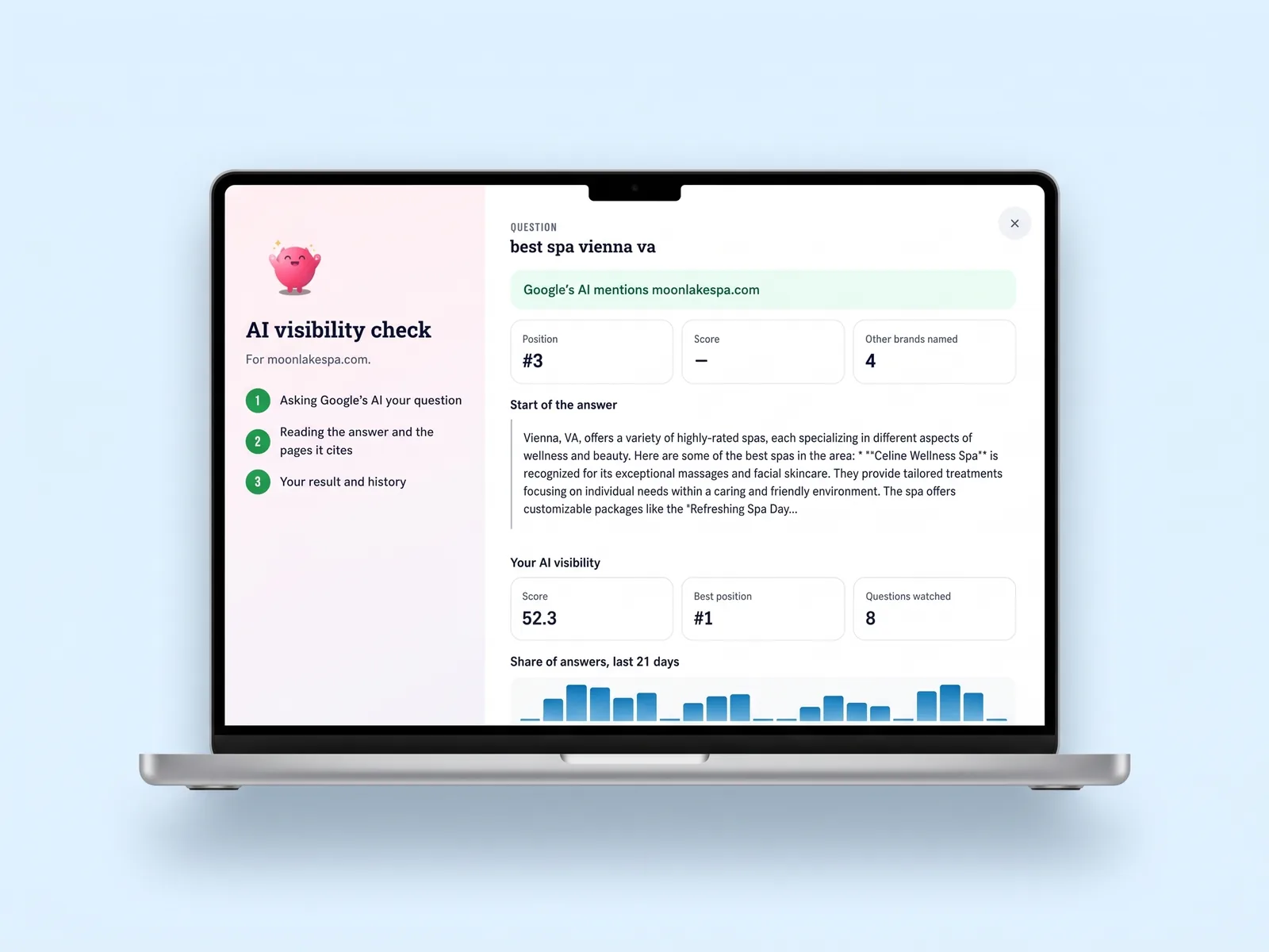 An AI visibility result: Google's AI mentions the website at position 3, other brands named, and the start of the answer